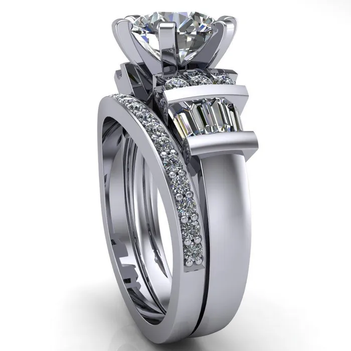 London Round Center Stone 6 Prong Baguette and Diamond Accent Ring Fire Brilliance Rings