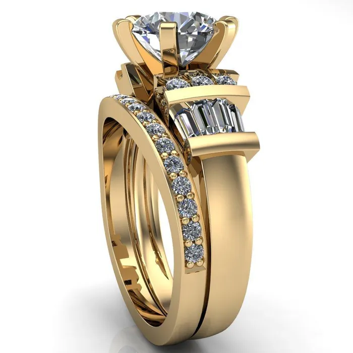 London Round Center Stone 6 Prong Baguette and Diamond Accent Ring Fire Brilliance Rings