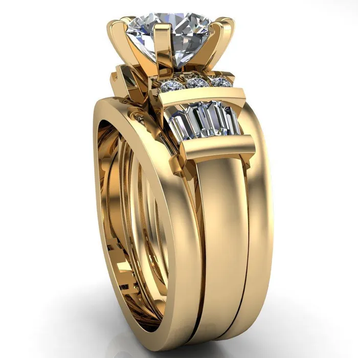 London Round Center Stone 6 Prong Baguette and Diamond Accent Ring Fire Brilliance Rings