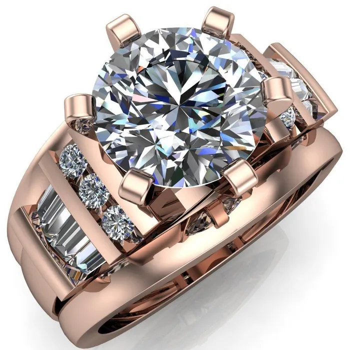London Round Center Stone 6 Prong Baguette and Diamond Accent Ring Fire Brilliance Rings