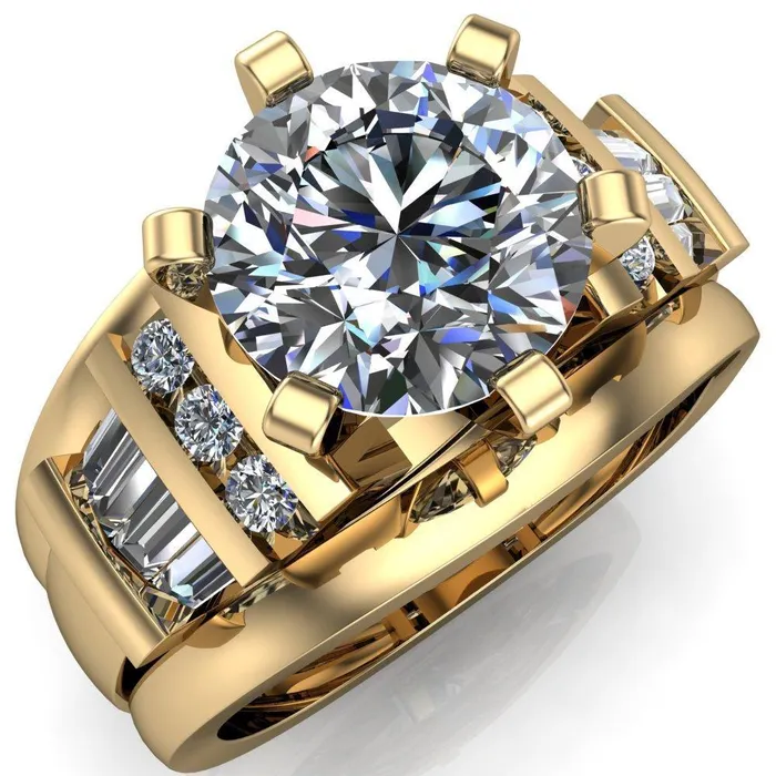 London Round Center Stone 6 Prong Baguette and Diamond Accent Ring Fire Brilliance Rings