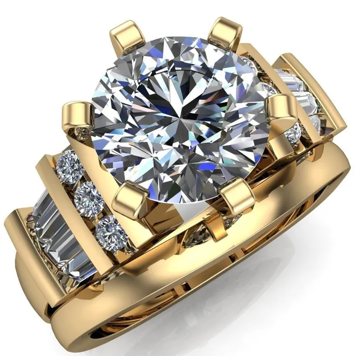 London Round Center Stone 6 Prong Baguette and Diamond Accent Ring Fire Brilliance Rings