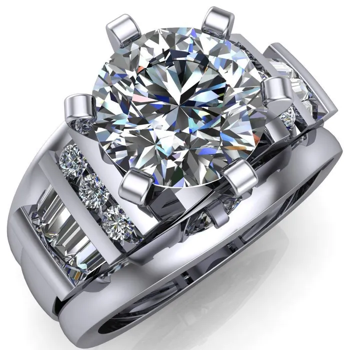 London Round Center Stone 6 Prong Baguette and Diamond Accent Ring Fire Brilliance Rings