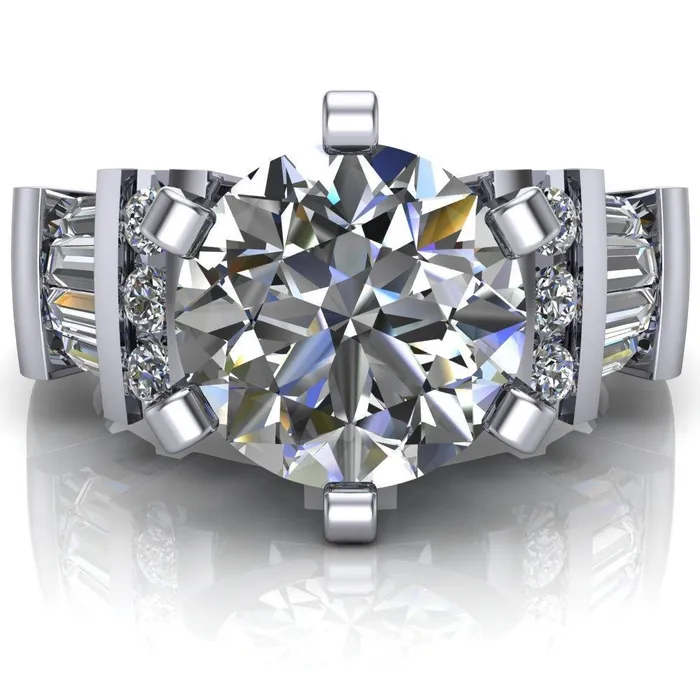 London Round Center Stone 6 Prong Baguette and Diamond Accent Ring Fire Brilliance Rings