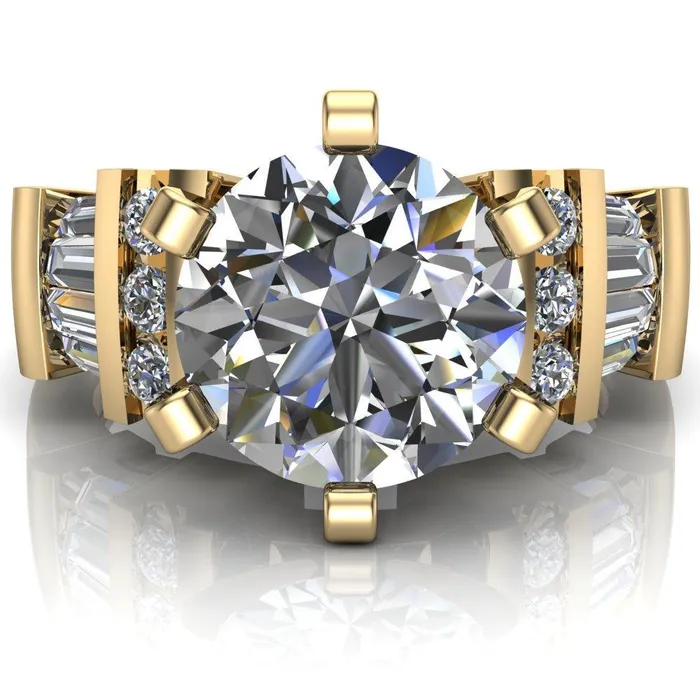 London Round Center Stone 6 Prong Baguette and Diamond Accent Ring Fire Brilliance Rings