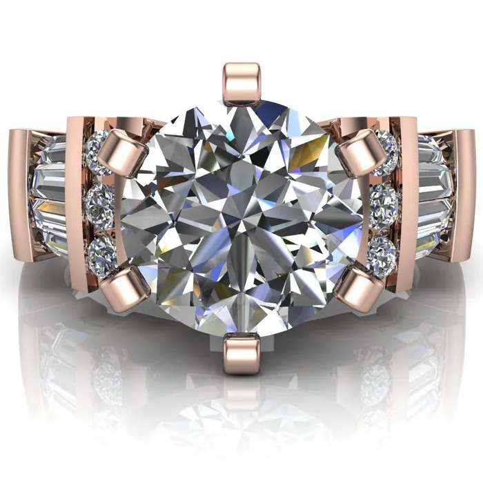 London Round Center Stone 6 Prong Baguette and Diamond Accent Ring Fire Brilliance Rings