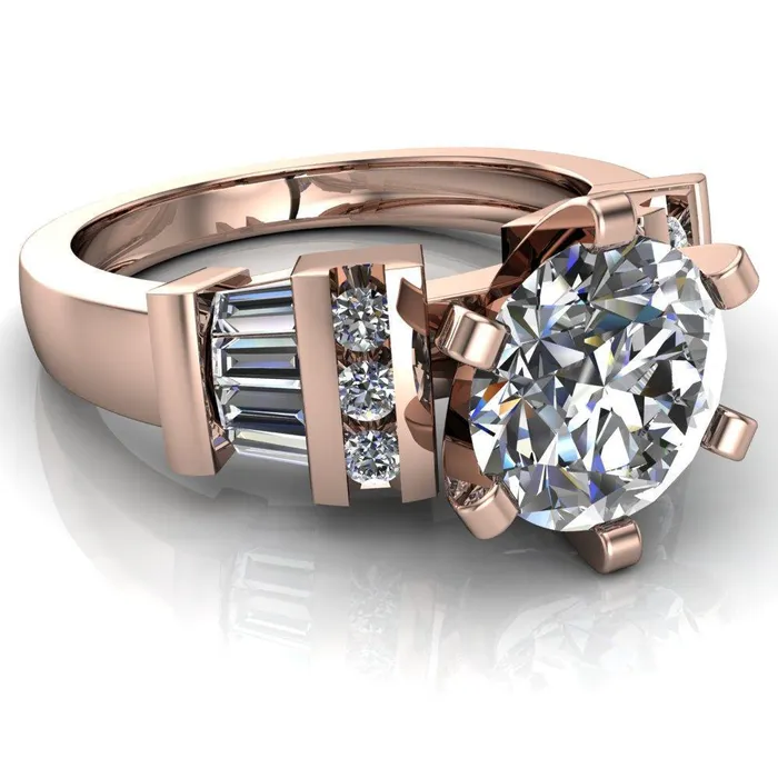 London Round Center Stone 6 Prong Baguette and Diamond Accent Ring Fire Brilliance Rings