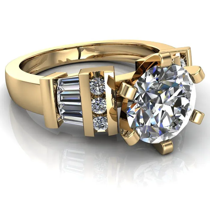 London Round Center Stone 6 Prong Baguette and Diamond Accent Ring Fire Brilliance Rings
