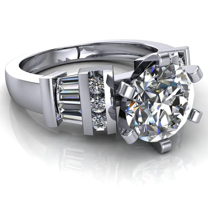 London Round Center Stone 6 Prong Baguette and Diamond Accent Ring Fire Brilliance Rings