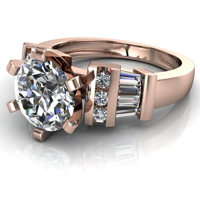 London Round Center Stone 6 Prong Baguette and Diamond Accent Ring Fire Brilliance Rings