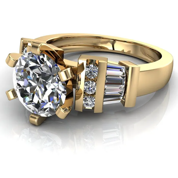 London Round Center Stone 6 Prong Baguette and Diamond Accent Ring Fire Brilliance Rings