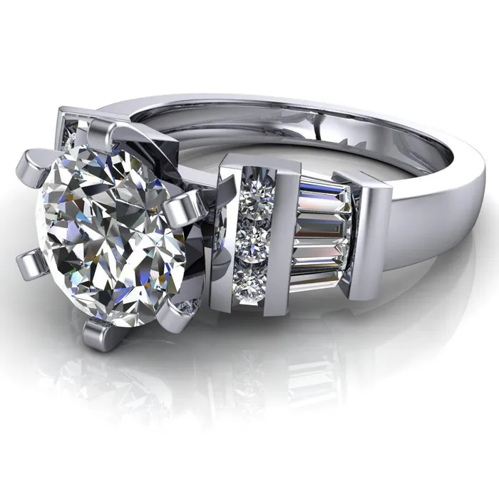 London Round Center Stone 6 Prong Baguette and Diamond Accent Ring Fire Brilliance Rings