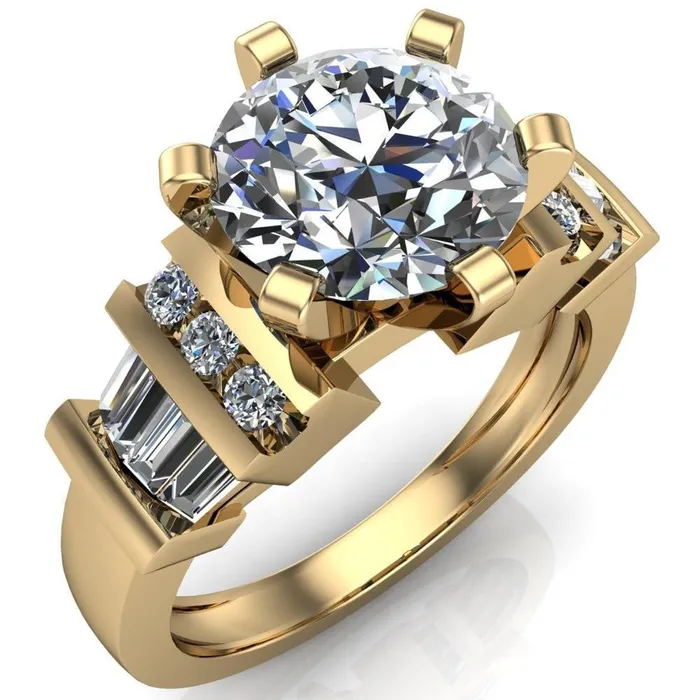 London Round Center Stone 6 Prong Baguette and Diamond Accent Ring Fire Brilliance Rings