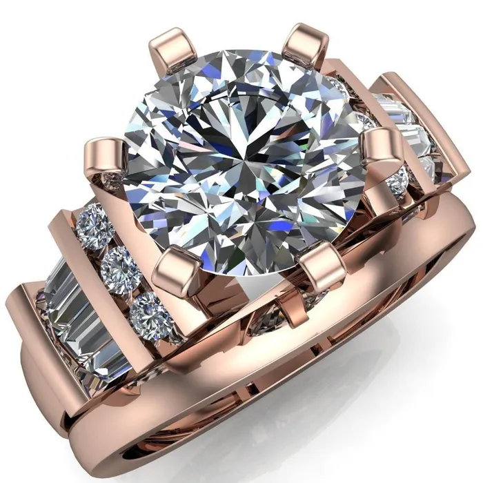 London Round Center Stone 6 Prong Baguette and Diamond Accent Ring Fire Brilliance Rings
