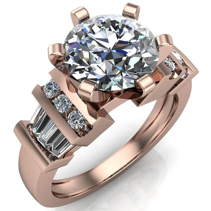 London Round Center Stone 6 Prong Baguette and Diamond Accent Ring Fire Brilliance Rings