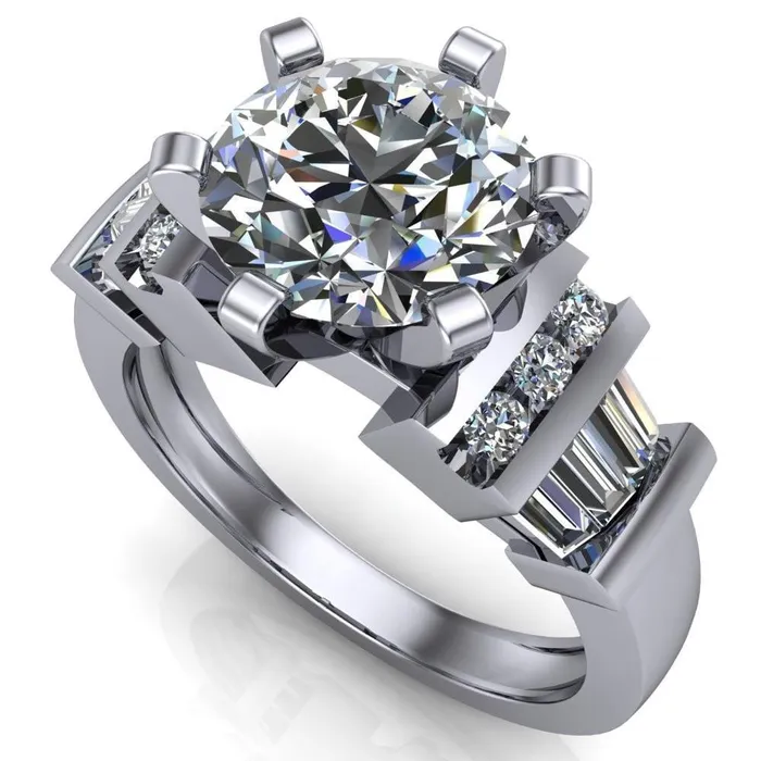 London Round Center Stone 6 Prong Baguette and Diamond Accent Ring Fire Brilliance Rings