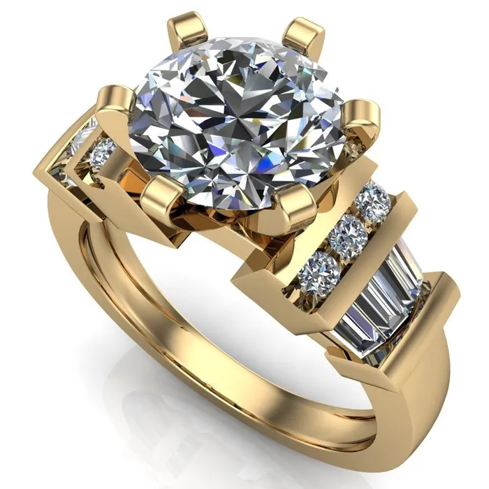 London Round Center Stone 6 Prong Baguette and Diamond Accent Ring Fire Brilliance Rings