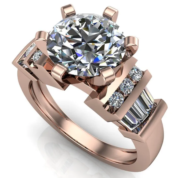 London Round Center Stone 6 Prong Baguette and Diamond Accent Ring Fire Brilliance Rings