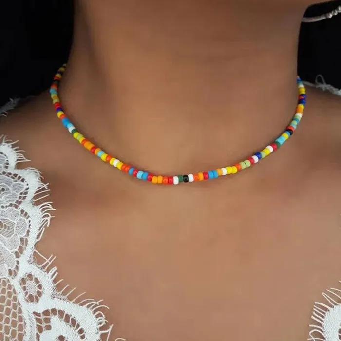 N1102 Multi Color Seed Bead Choker Necklace with FREE Earrings 01 Necklaces