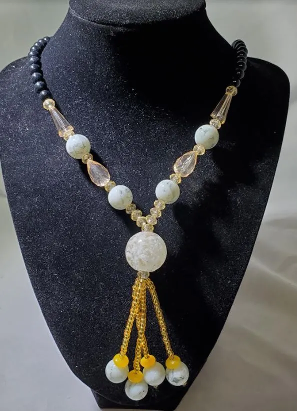 N1832 Black Bead Gray Marble Glass Long Necklace With Free Earrings polly Necklaces N1832 Black Bead Gray Marble Glass Long Necklace With Free Earrings polly Necklaces