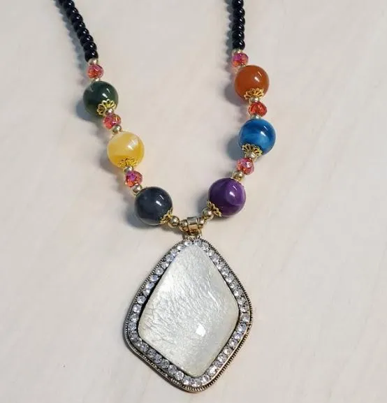 N189 White Shiny Pendant with Rhinestones Bead Necklace with FREE Earrings 01 Necklaces N189 White Shiny Pendant with Rhinestones Bead Necklace with FREE Earrings 01 Necklaces
