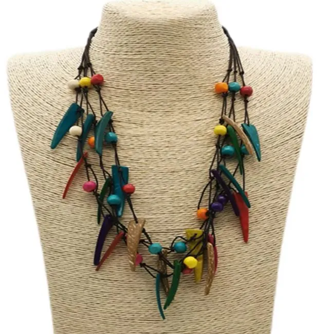 N2037 Multi Color Spike Wooden Necklace with FREE EARRINGS polly Necklaces