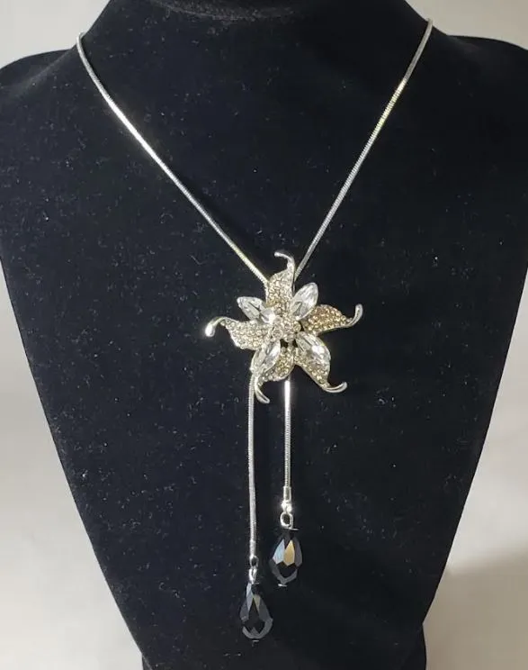 N2081 Silver Rhinestone Flower Black Gem Adjustable Sweater Necklace with FREE Earrings polly Necklaces N2081 Silver Rhinestone Flower Black Gem Adjustable Sweater Necklace with FREE Earrings polly Necklaces