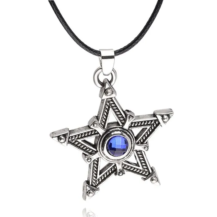 N247 Silver Star Blue Gemstone Pendant on Leather Cord Necklace 01 Necklaces
