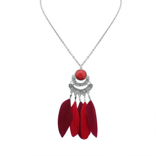 N799 Silver Red Feather Tassel Necklace with FREE Earrings 02 Necklaces