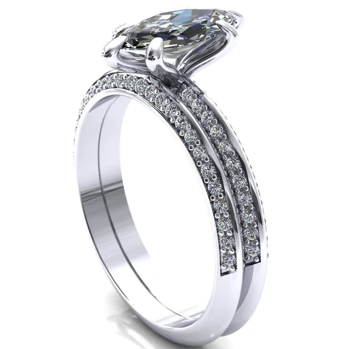 Nancy Marquise Center Stone 6 Prong 12 Eternity Diamond Knife Shank Accent Engagement Ring Fire Brilliance Rings