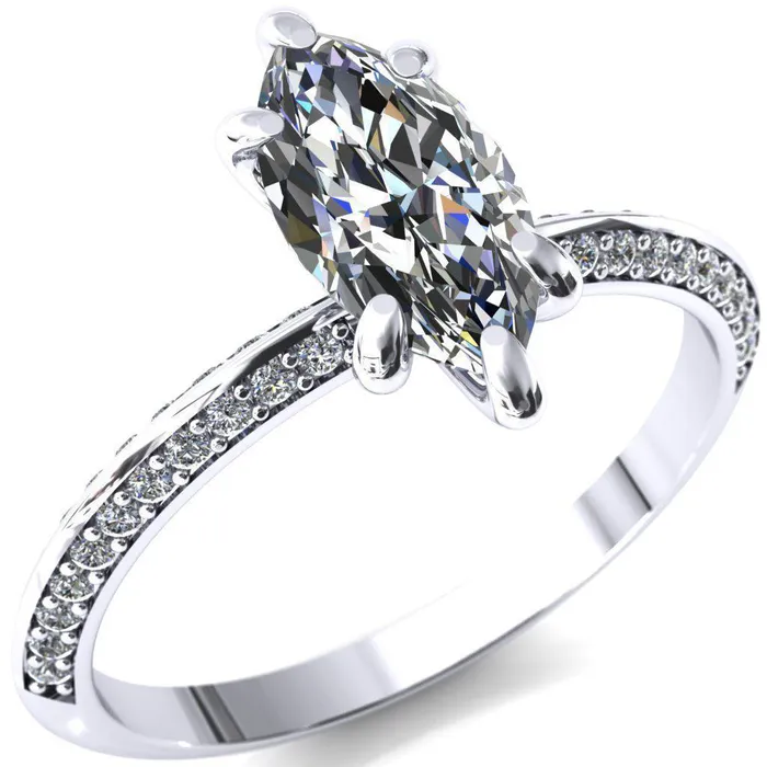 Nancy Marquise Center Stone 6 Prong 12 Eternity Diamond Knife Shank Accent Engagement Ring Fire Brilliance Rings