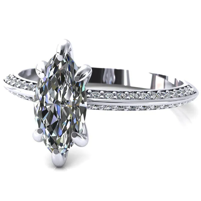 Nancy Marquise Center Stone 6 Prong 12 Eternity Diamond Knife Shank Accent Engagement Ring Fire Brilliance Rings