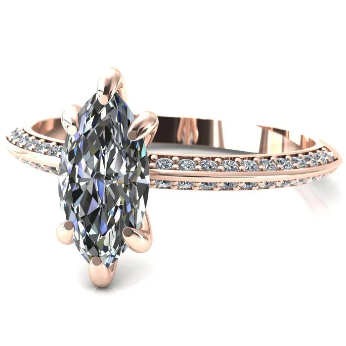 Nancy Marquise Center Stone 6 Prong 12 Eternity Diamond Knife Shank Accent Engagement Ring Fire Brilliance Rings