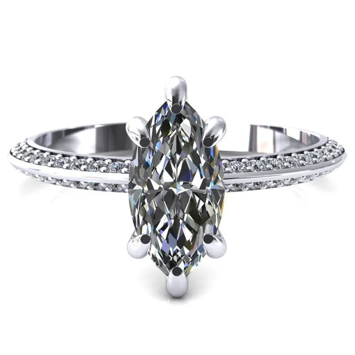 Nancy Marquise Center Stone 6 Prong 12 Eternity Diamond Knife Shank Accent Engagement Ring Fire Brilliance Rings