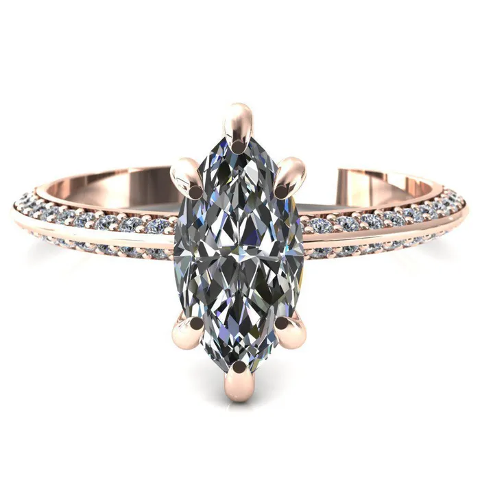 Nancy Marquise Center Stone 6 Prong 12 Eternity Diamond Knife Shank Accent Engagement Ring Fire Brilliance Rings