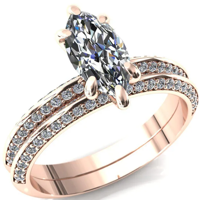 Nancy Marquise Center Stone 6 Prong 12 Eternity Diamond Knife Shank Accent Engagement Ring Fire Brilliance Rings