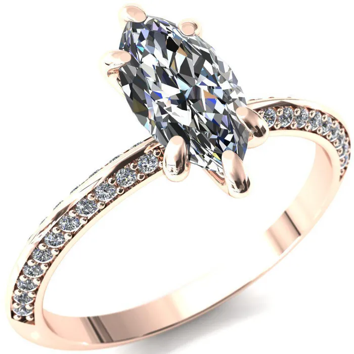 Nancy Marquise Center Stone 6 Prong 12 Eternity Diamond Knife Shank Accent Engagement Ring Fire Brilliance Rings