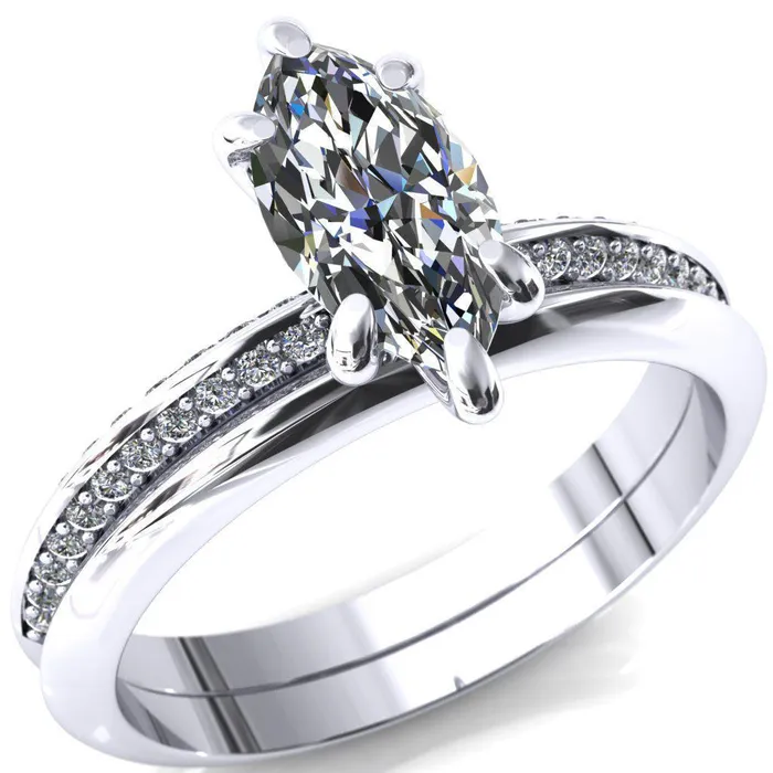Nancy Marquise Center Stone 6 Prong 12 Eternity Diamond Knife Shank Accent Engagement Ring Fire Brilliance Rings
