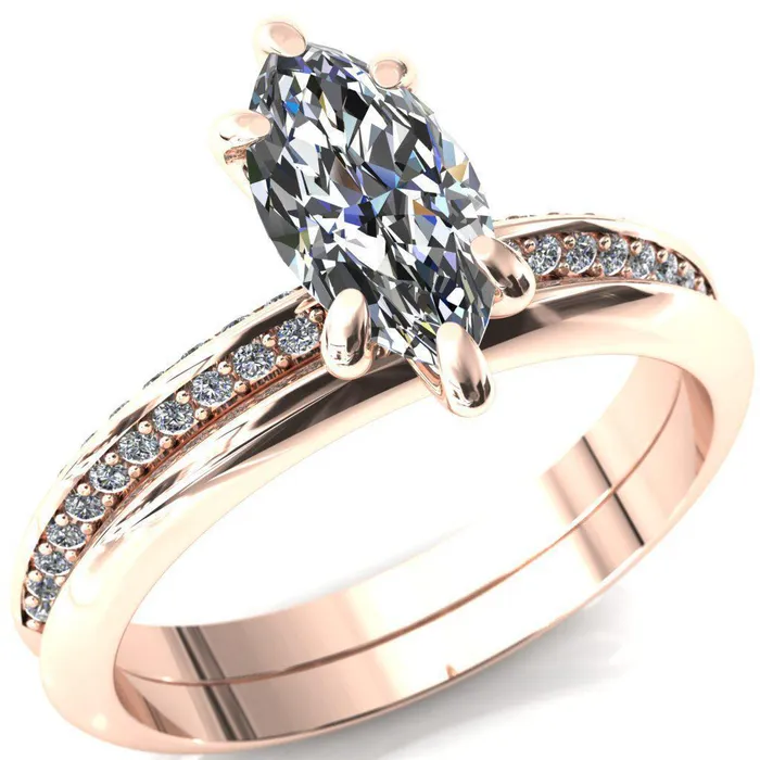 Nancy Marquise Center Stone 6 Prong 12 Eternity Diamond Knife Shank Accent Engagement Ring Fire Brilliance Rings