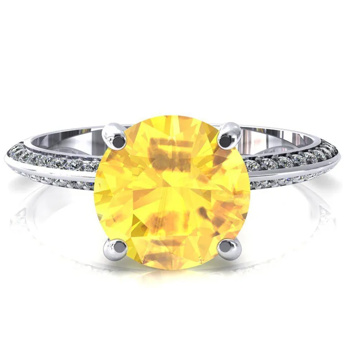 Nancy Round Yellow Sapphire 4 Prong 12 Eternity Diamond Knife Shank Accent Engagement Ring Fire Brilliance Rings Nancy Round Yellow Sapphire 4 Prong 12 Eternity Diamond Knife Shank Accent Engagement Ring Fire Brilliance Rings