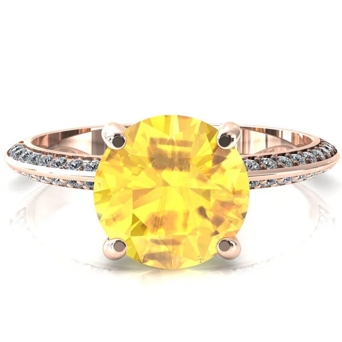 Nancy Round Yellow Sapphire 4 Prong 12 Eternity Diamond Knife Shank Accent Engagement Ring Fire Brilliance Rings