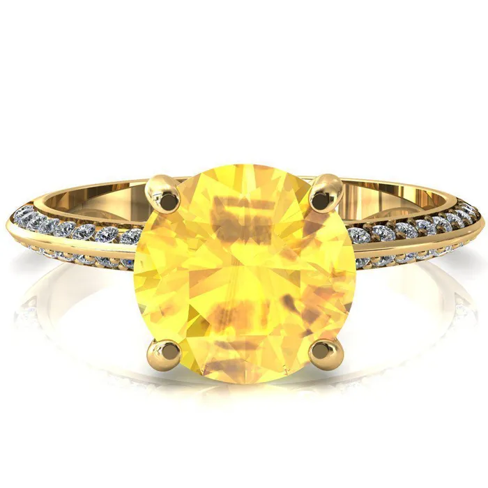 Nancy Round Yellow Sapphire 4 Prong 12 Eternity Diamond Knife Shank Accent Engagement Ring Fire Brilliance Rings
