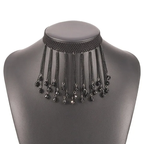 Necklaces 01 N1951 Black Bead Tassel Choker Necklace with FREE Earrings