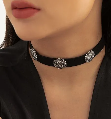 Necklaces 02 AZ1144 Black Silver Accent Choker Necklace with FREE EARRINGS