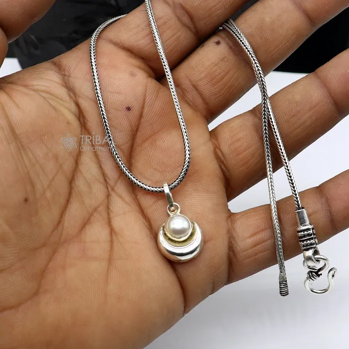 Necklaces 925 sterling silver handmade half moon pendant with natural pearl awesome unisex pearl moon pendant best gifting jewelry from india nsp784 TRIBAL ORNAMENTS