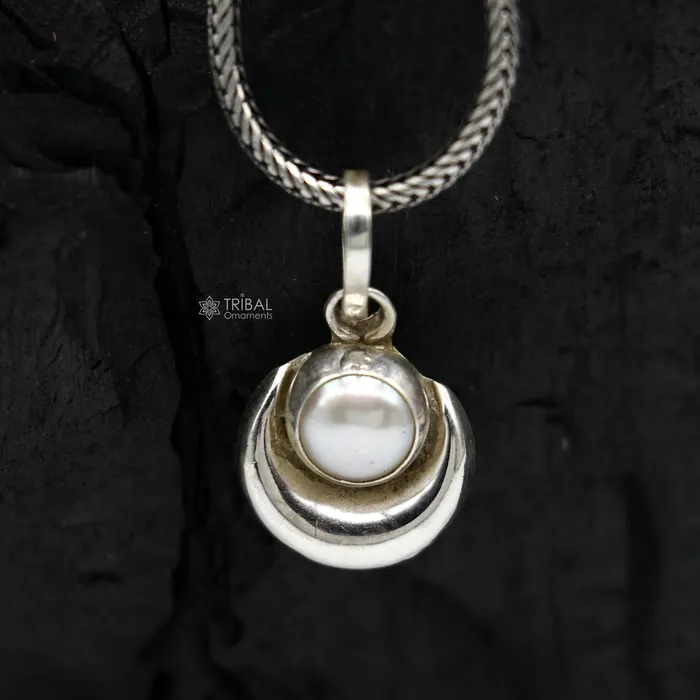 Necklaces 925 sterling silver handmade half moon pendant with natural pearl awesome unisex pearl moon pendant best gifting jewelry from india nsp784 TRIBAL ORNAMENTS