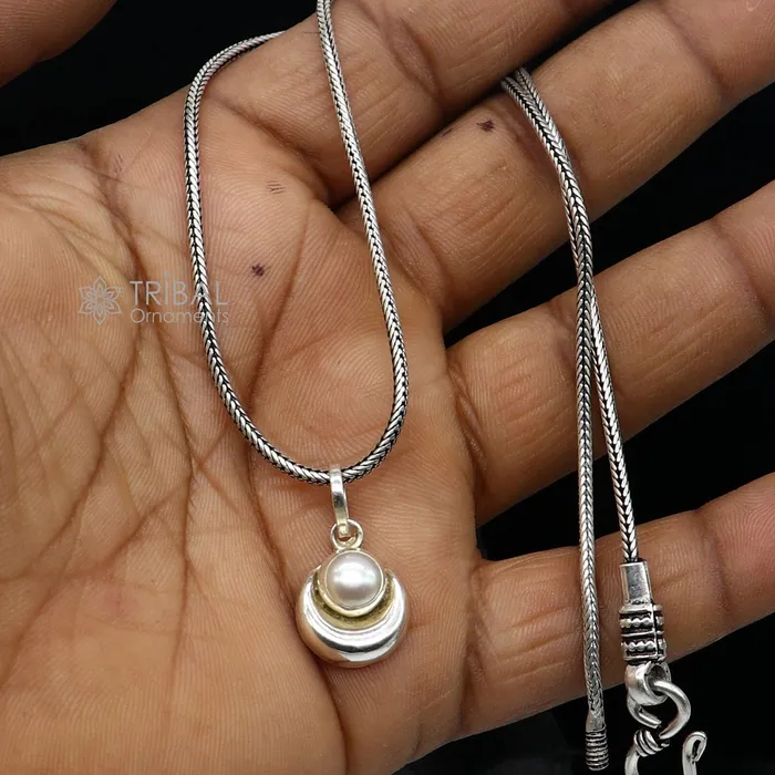 Necklaces 925 sterling silver handmade half moon pendant with natural pearl awesome unisex pearl moon pendant best gifting jewelry from india nsp784 TRIBAL ORNAMENTS