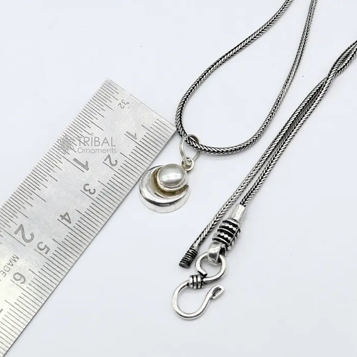 Necklaces 925 sterling silver handmade half moon pendant with natural pearl awesome unisex pearl moon pendant best gifting jewelry from india nsp784 TRIBAL ORNAMENTS