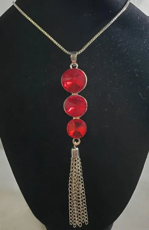 Necklaces alice AZ284 Silver Red Triple Gemstone Tassel Necklace with FREE EARRINGS