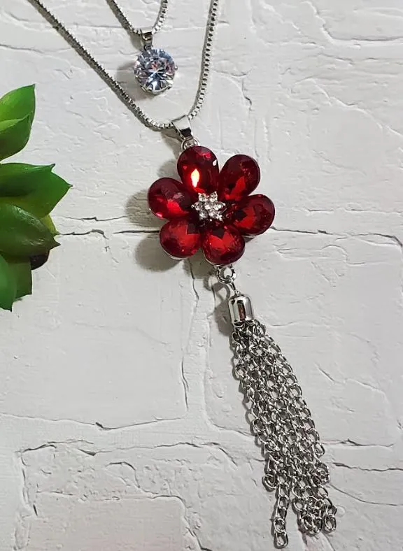 Necklaces AZ684 Silver Red Gemstone Flower Tassel Necklace with FREE EARRINGS polly Necklaces AZ684 Silver Red Gemstone Flower Tassel Necklace with FREE EARRINGS polly